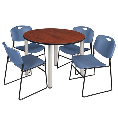 48 in Round Breakroom Table- Cherry Top, Chrome Legs, 4 Zeng Stack Chairs- Blue