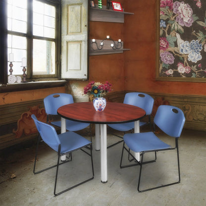 48 in Round Breakroom Table- Cherry Top, Chrome Legs, 4 Zeng Stack Chairs- Blue