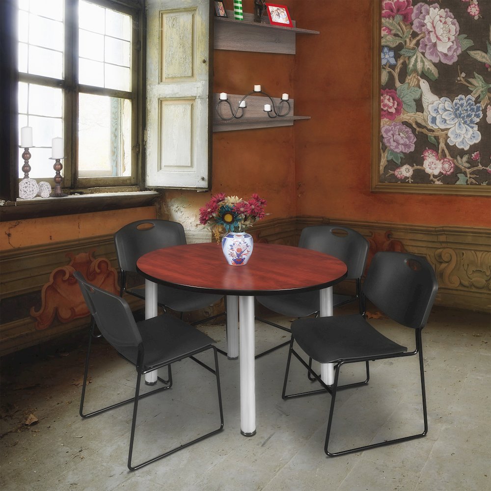 48 in Round Breakroom Table- Cherry Top, Chrome Legs, 4 Zeng Stack Chairs- Black