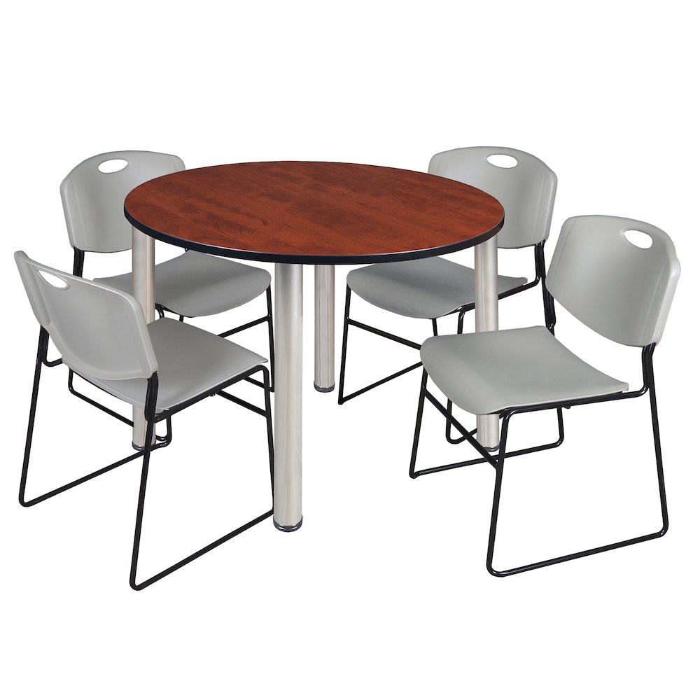 48 in Round Breakroom Table- Cherry Top, Chrome Legs, 4 Zeng Stack Chairs- Grey