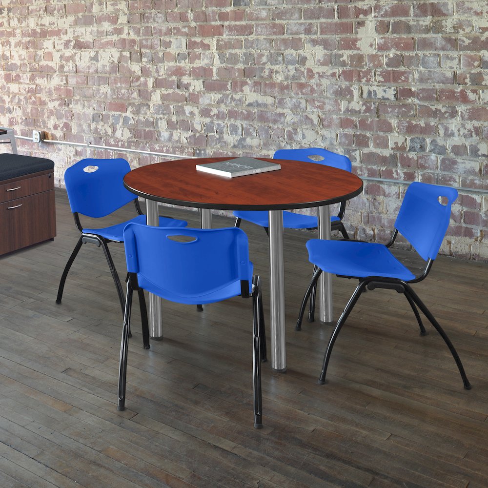 48 in Round Breakroom Table- Cherry Top, Chrome Legs, 4 M Stack Chairs- Blue