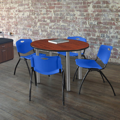 48 in Round Breakroom Table- Cherry Top, Chrome Legs, 4 M Stack Chairs- Blue