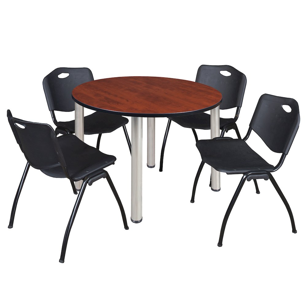 48 in Round Breakroom Table- Cherry Top, Chrome Legs, 4 M Stack Chairs- Black