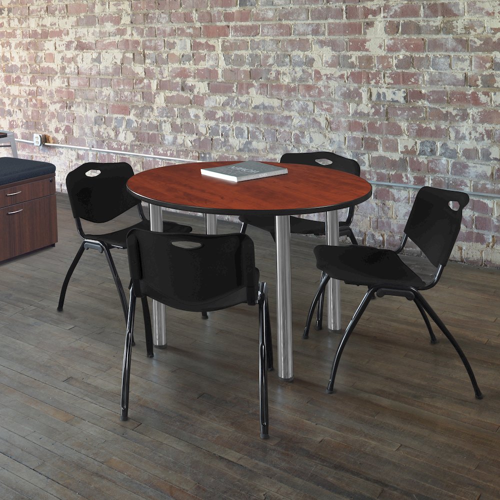 48 in Round Breakroom Table- Cherry Top, Chrome Legs, 4 M Stack Chairs- Black