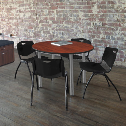 48 in Round Breakroom Table- Cherry Top, Chrome Legs, 4 M Stack Chairs- Black
