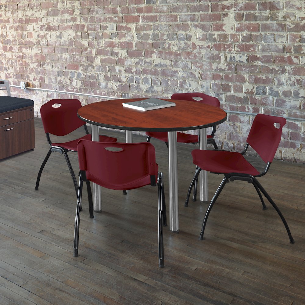 48 in Round Breakroom Table- Cherry Top, Chrome Legs, 4 M Stack Chairs- Burgundy