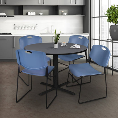 48 in. Round X-Base Breakroom Table- Grey & 4 Zeng Stack Chairs- Blue