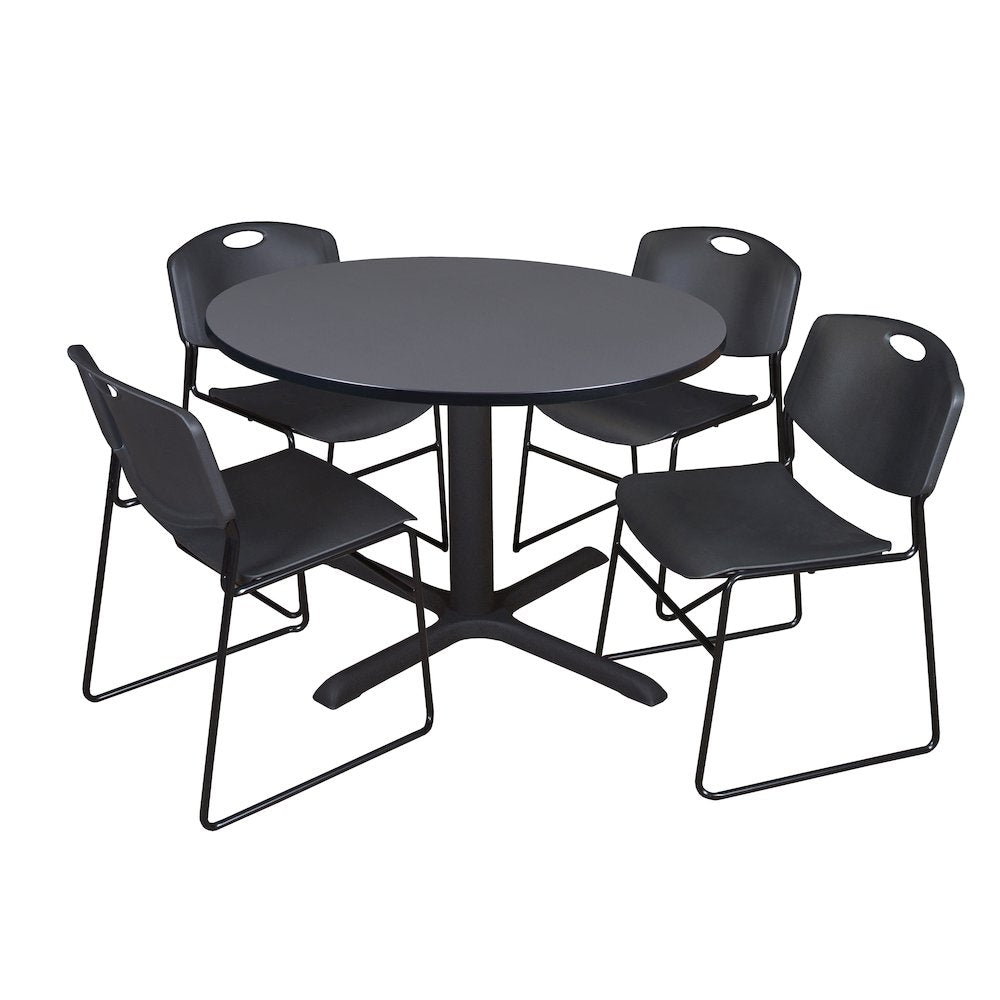 48 in. Round X-Base Breakroom Table- Grey & 4 Zeng Stack Chairs- Black