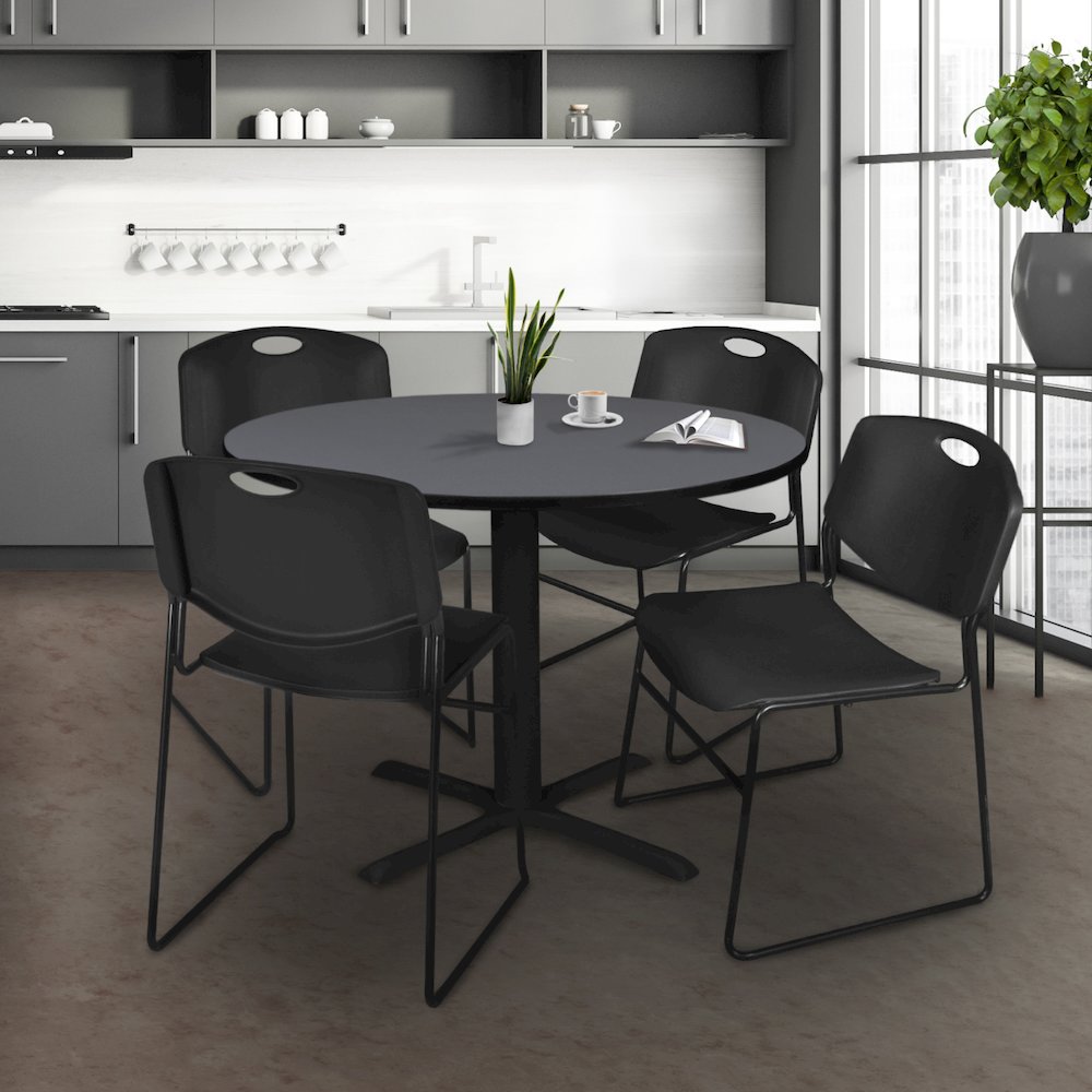 48 in. Round X-Base Breakroom Table- Grey & 4 Zeng Stack Chairs- Black