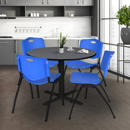 48 in. Round X-Base Breakroom Table- Grey & 4 M Stack Chairs- Blue