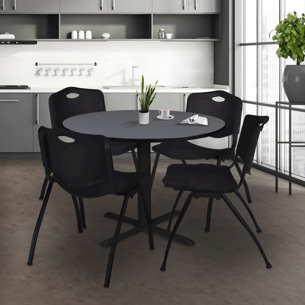 Small 30 in. Round X-Base Breakroom Table- Grey & 4 M Stack Chairs- Black