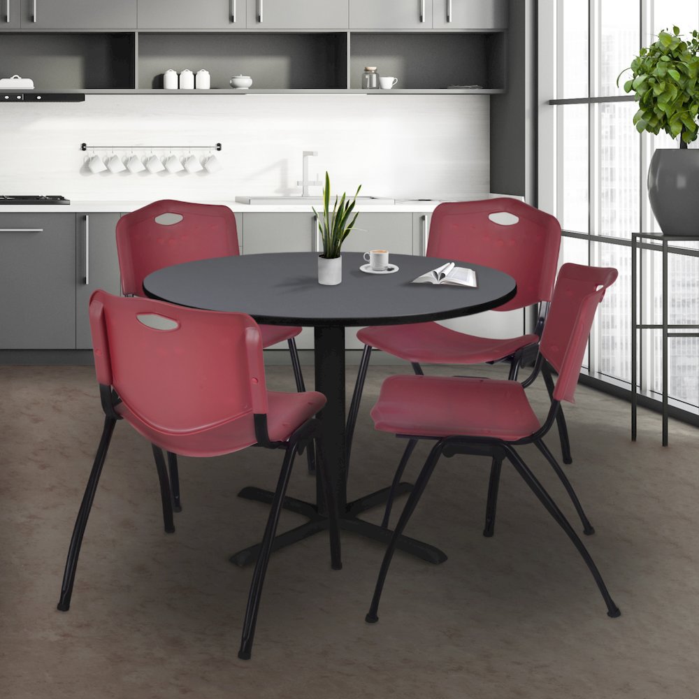 48 in. Round X-Base Breakroom Table- Grey & 4 M Stack Chairs- Burgundy