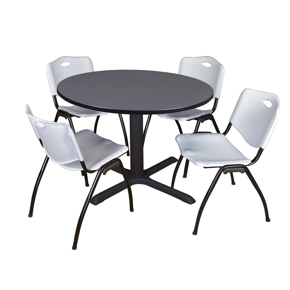 Cain 48" Round Breakroom Table- Grey & 4 'M' Stack Chairs- Grey