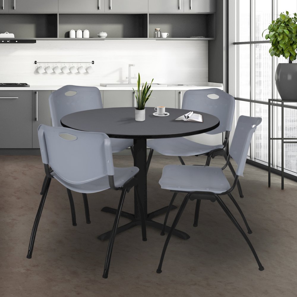 48 in. Round X-Base Breakroom Table- Grey & 4 M Stack Chairs- Grey