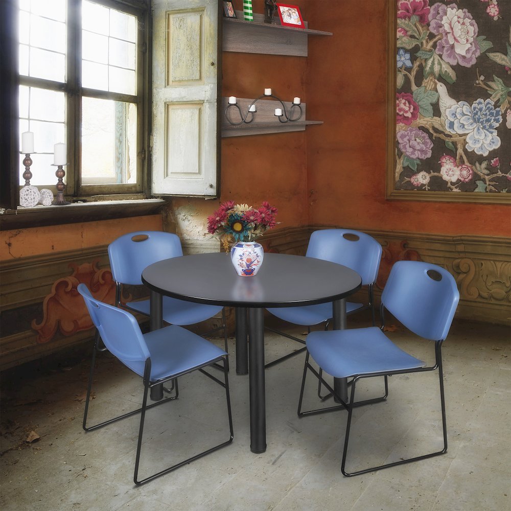 48 in Round Breakroom Table- Grey Top, Black Legs, 4 Zeng Stack Chairs- Blue