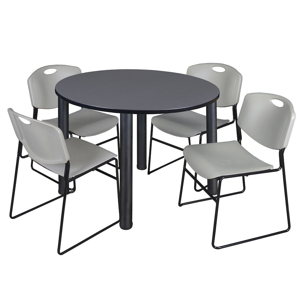 48 in Round Breakroom Table- Grey Top, Black Legs, 4 Zeng Stack Chairs- Grey