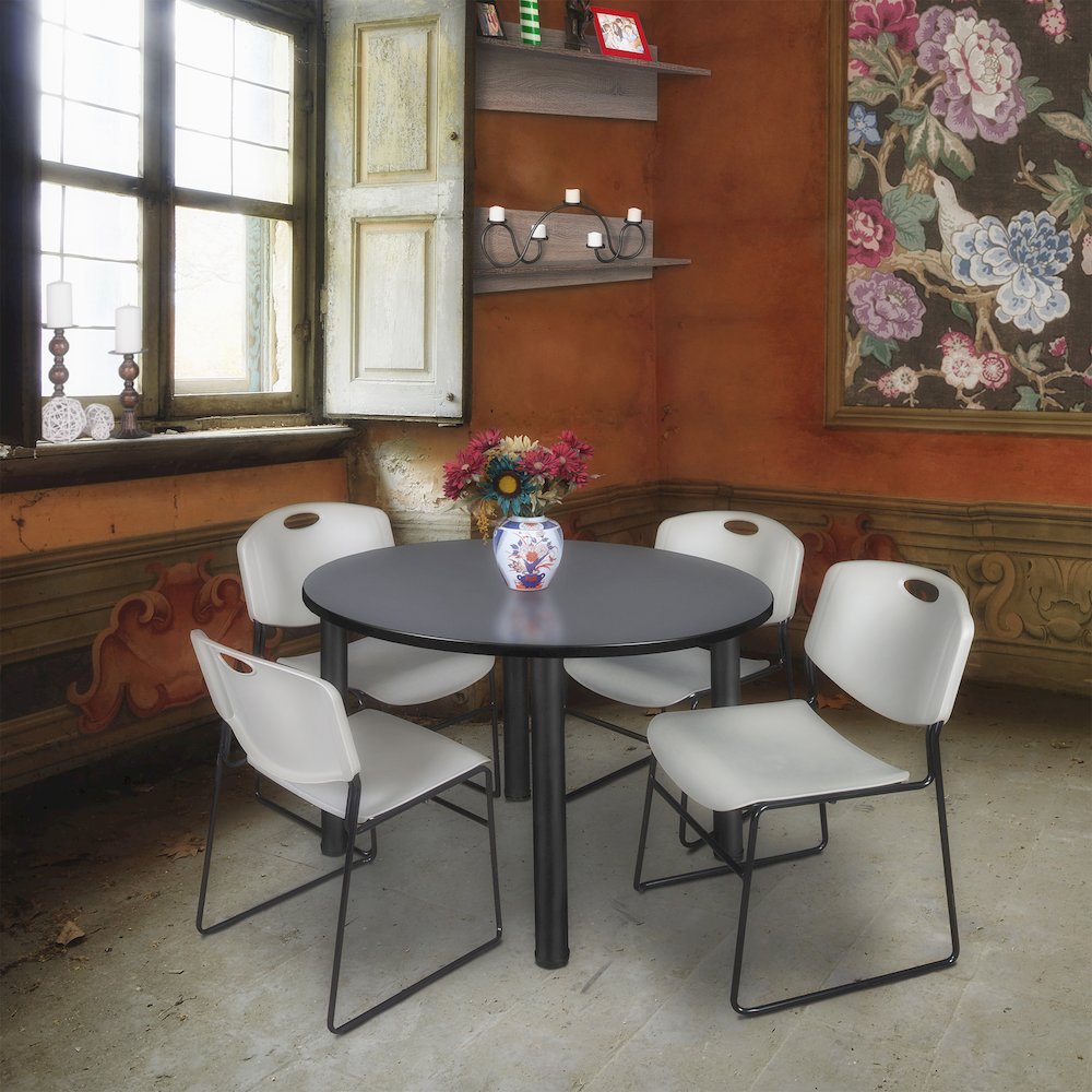 48 in Round Breakroom Table- Grey Top, Black Legs, 4 Zeng Stack Chairs- Grey