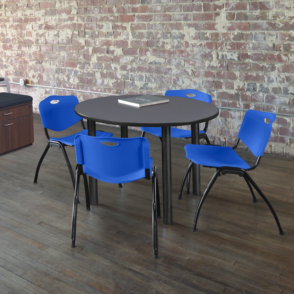 48 in Round Breakroom Table- Grey Top, Black Legs, 4 M Stack Chairs- Blue