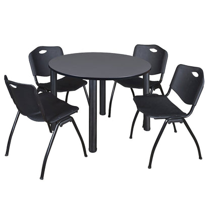 48 in Round Breakroom Table- Grey Top, Black Legs, 4 M Stack Chairs- Black