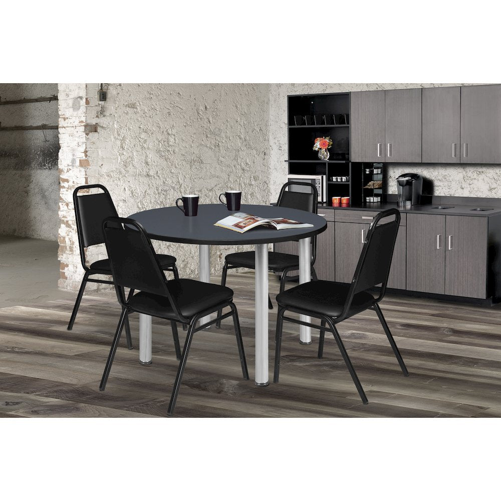 48 in Round Breakroom Table- Grey Top, Chrome Legs, 4 Restaurant Stack Chairs