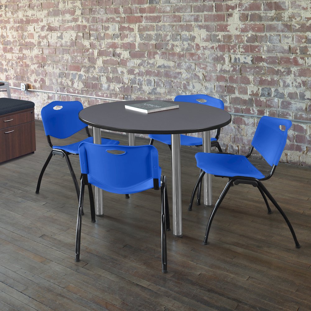 48 in Round Breakroom Table- Grey Top, Chrome Legs, 4 M Stack Chairs- Blue