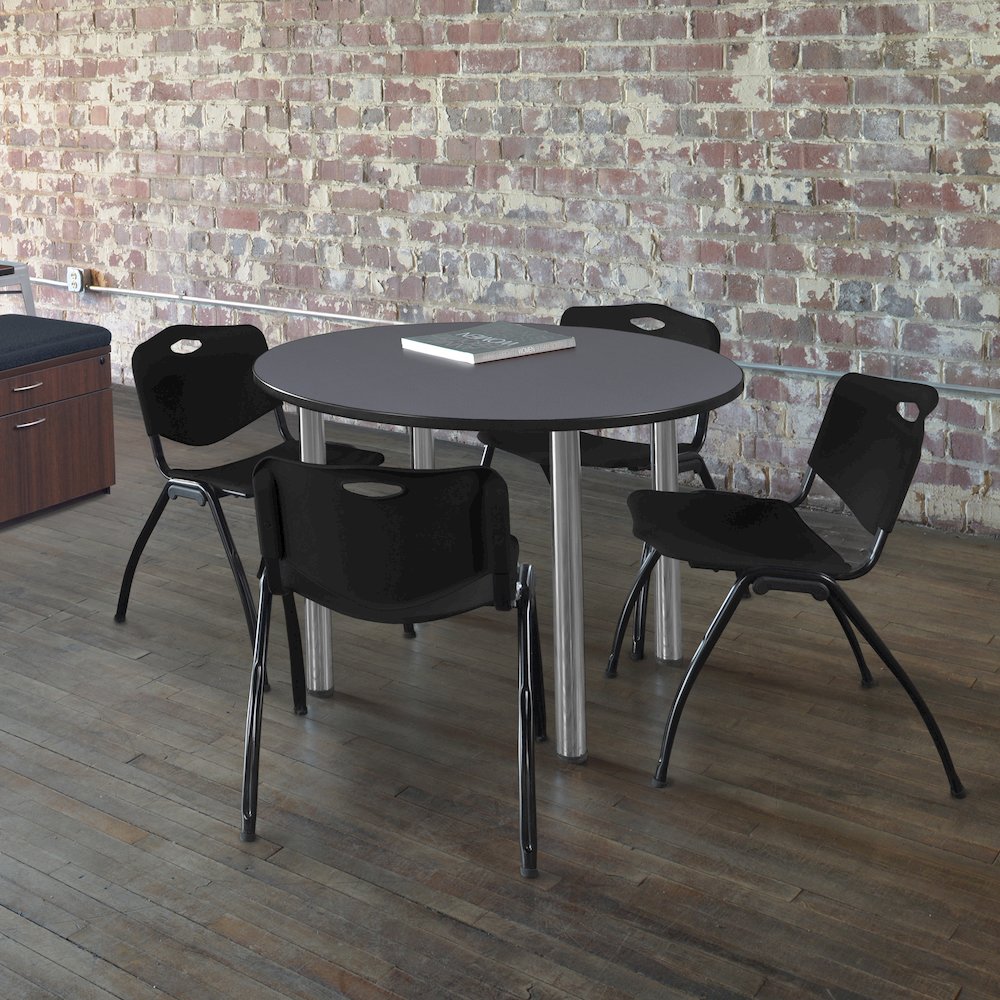 48 in Round Breakroom Table- Grey Top, Chrome Legs, 4 M Stack Chairs- Black