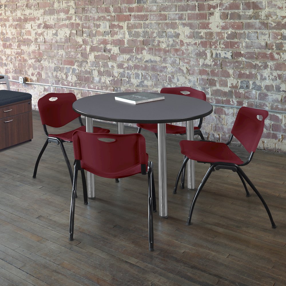 48 in Round Breakroom Table- Grey Top, Chrome Legs, 4 M Stack Chairs- Burgundy