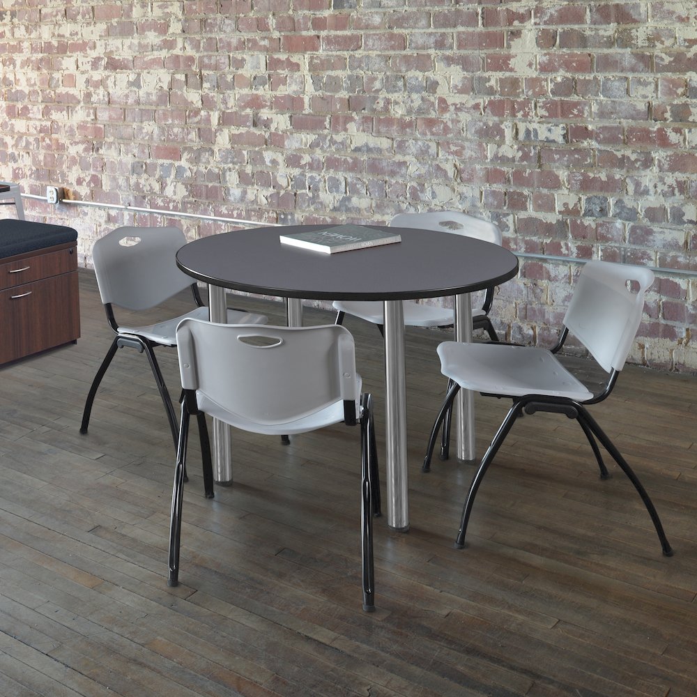48 in Round Breakroom Table- Grey Top, Chrome Legs, 4 M Stack Chairs- Grey