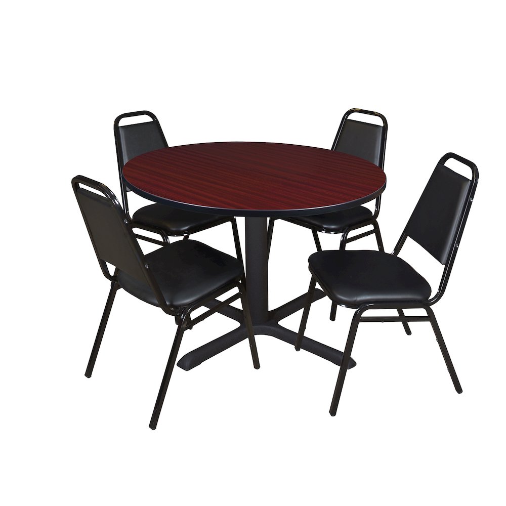 48 in. Round X-Base Breakroom Table- Mahogany & 4 Restaurant Stack Chairs- Black