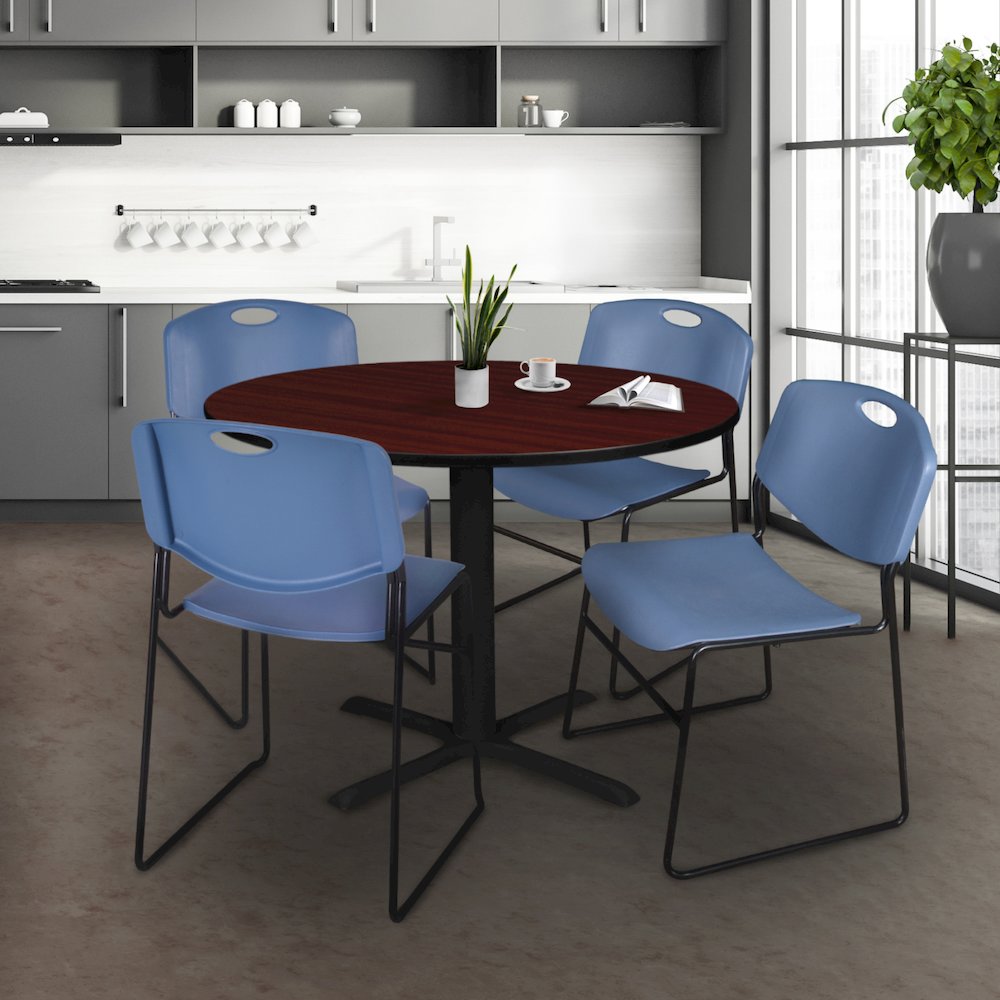 48 in. Round X-Base Breakroom Table- Mahogany & 4 Zeng Stack Chairs- Blue