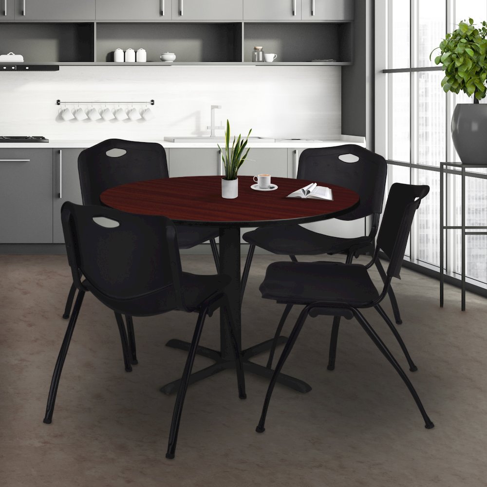 48 in. Round X-Base Breakroom Table- Mahogany & 4 M Stack Chairs- Black