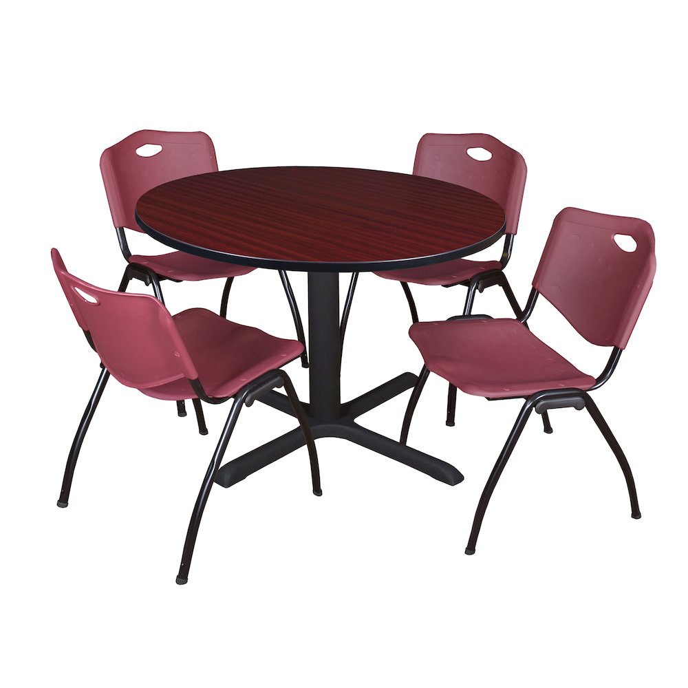 48 in. Round X-Base Breakroom Table- Mahogany & 4 M Stack Chairs- Burgundy