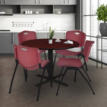 48 in. Round X-Base Breakroom Table- Mahogany & 4 M Stack Chairs- Burgundy