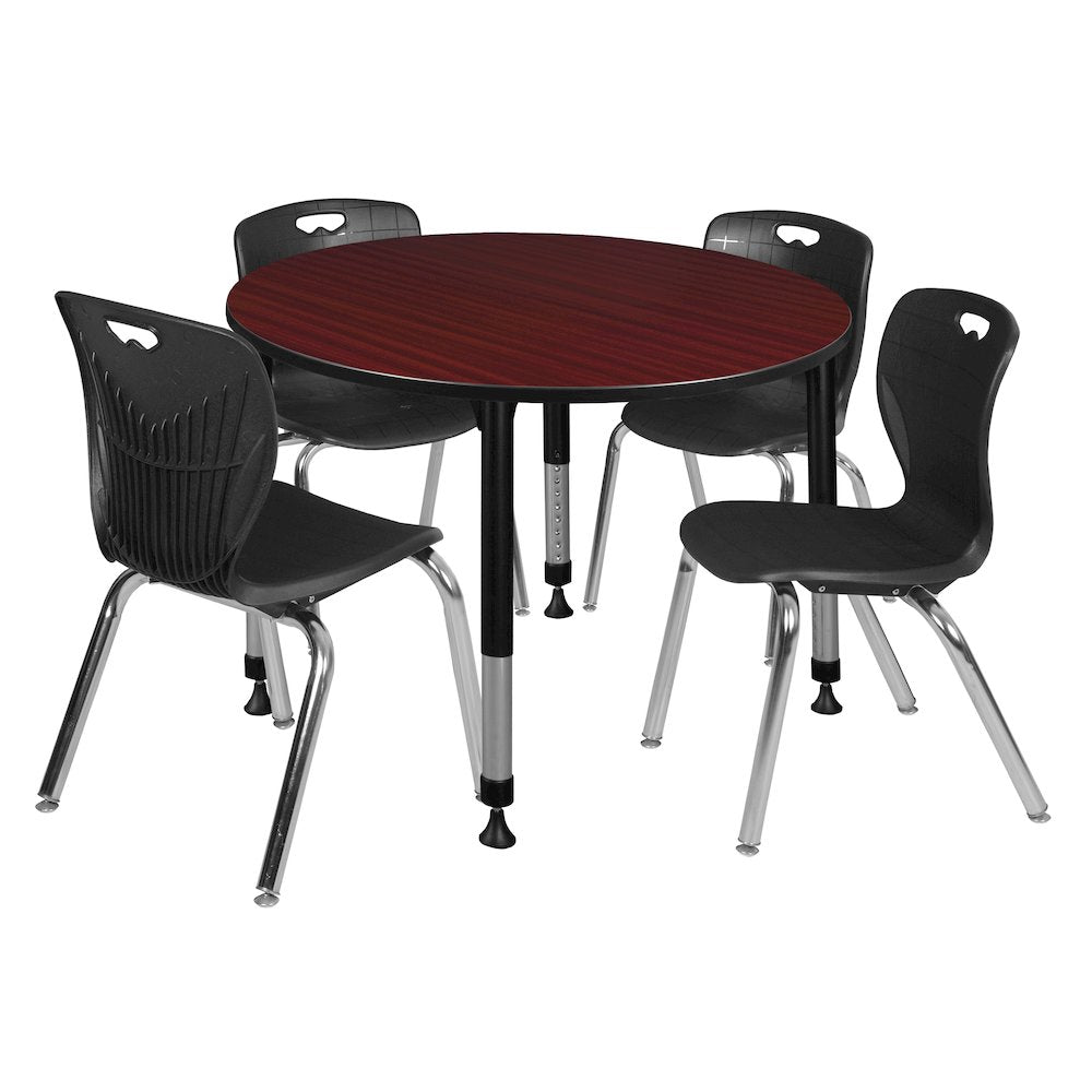 48 Round Adjustable Classroom Table- Mahogany & 4 Andy 18 Stack Chairs- Black