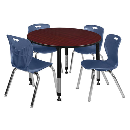48 Round Adjustable Classroom Table- Mahogany & 4 Andy 18 Stack Chairs- Blue