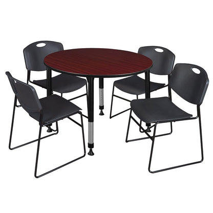 48 in. Round Adjustable Classroom Table- Mahogany & 4 Zeng Stack Chairs- Black
