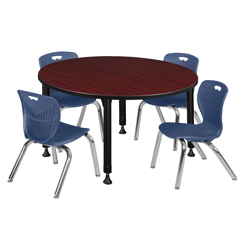 48 Round Adjustable Classroom Table- Mahogany & 4 Andy 12 Stack Chairs- Blue