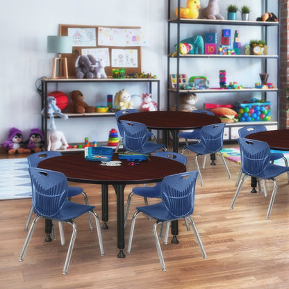 48 Round Adjustable Classroom Table- Mahogany & 4 Andy 12 Stack Chairs- Blue