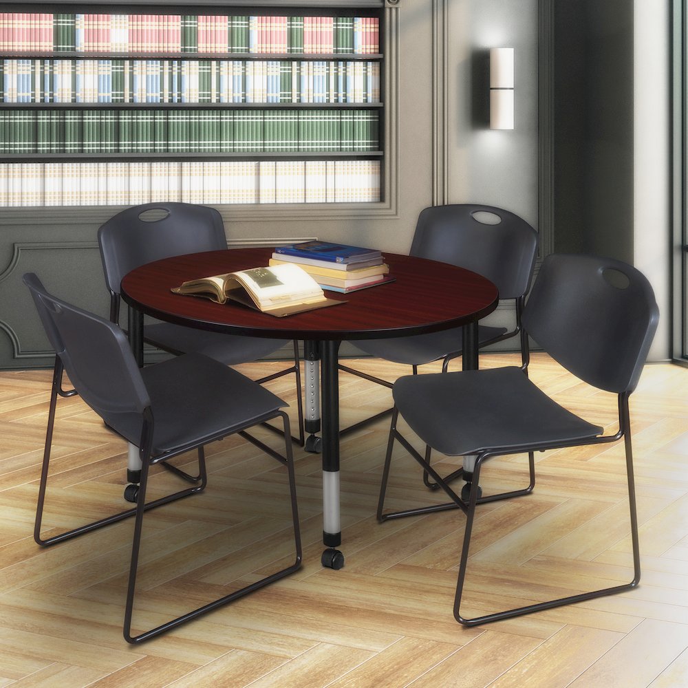 48 Round Mobile Classroom Table- Mahogany & 4 Zeng Stack Chairs- Black