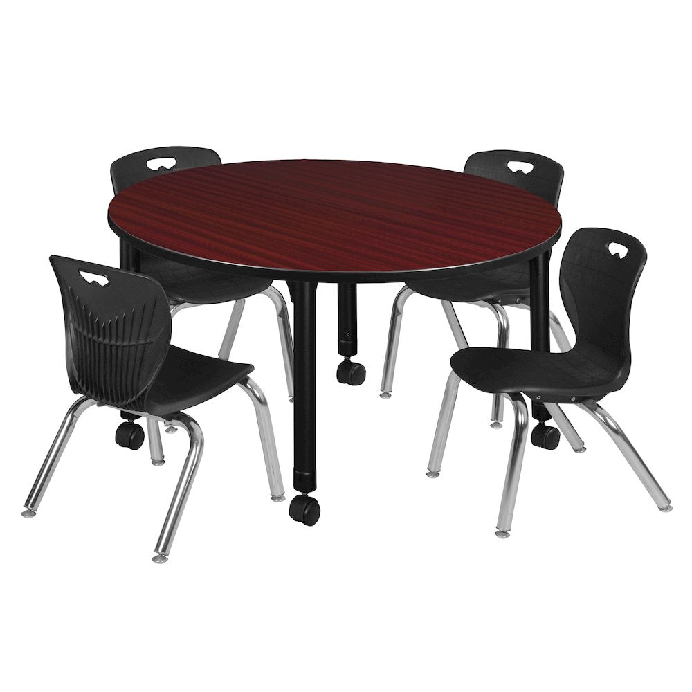 48 Round Adjustable Classroom Table- Mahogany & 4 Andy 12 Stack Chairs- Black