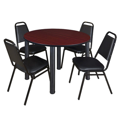 48 in Round Breakroom Table- Mahogany Top, Black Legs, 4 Restaurant Stack Chairs