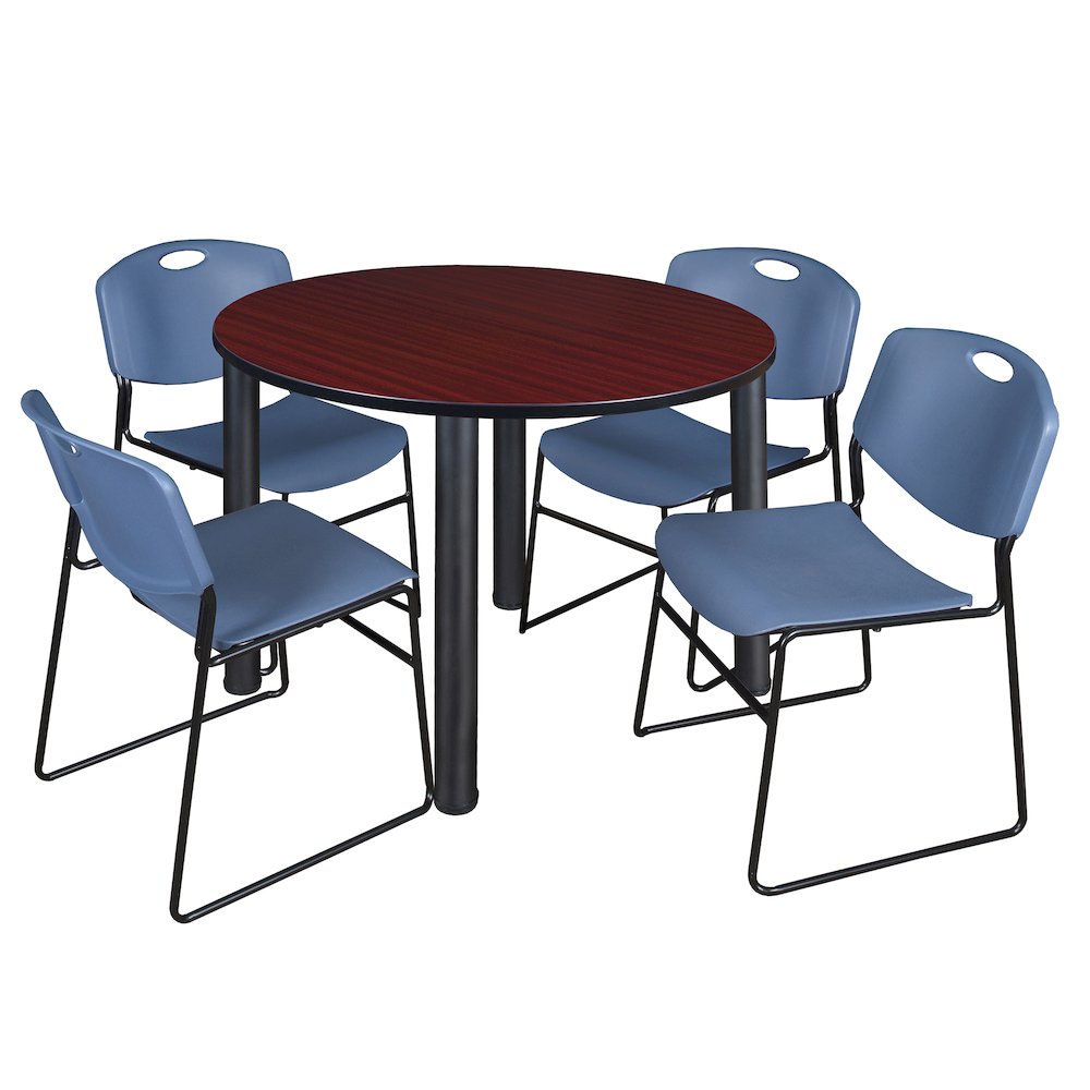 48 in Round Breakroom Table- Mahogany Top, Black Legs, 4 Zeng Stack Chairs- Blue