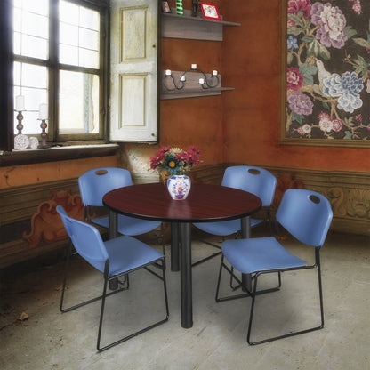 48 in Round Breakroom Table- Mahogany Top, Black Legs, 4 Zeng Stack Chairs- Blue