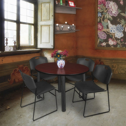 48 Round Breakroom Table- Mahogany Top, Black Legs, 4 Zeng Stack Chairs- Black