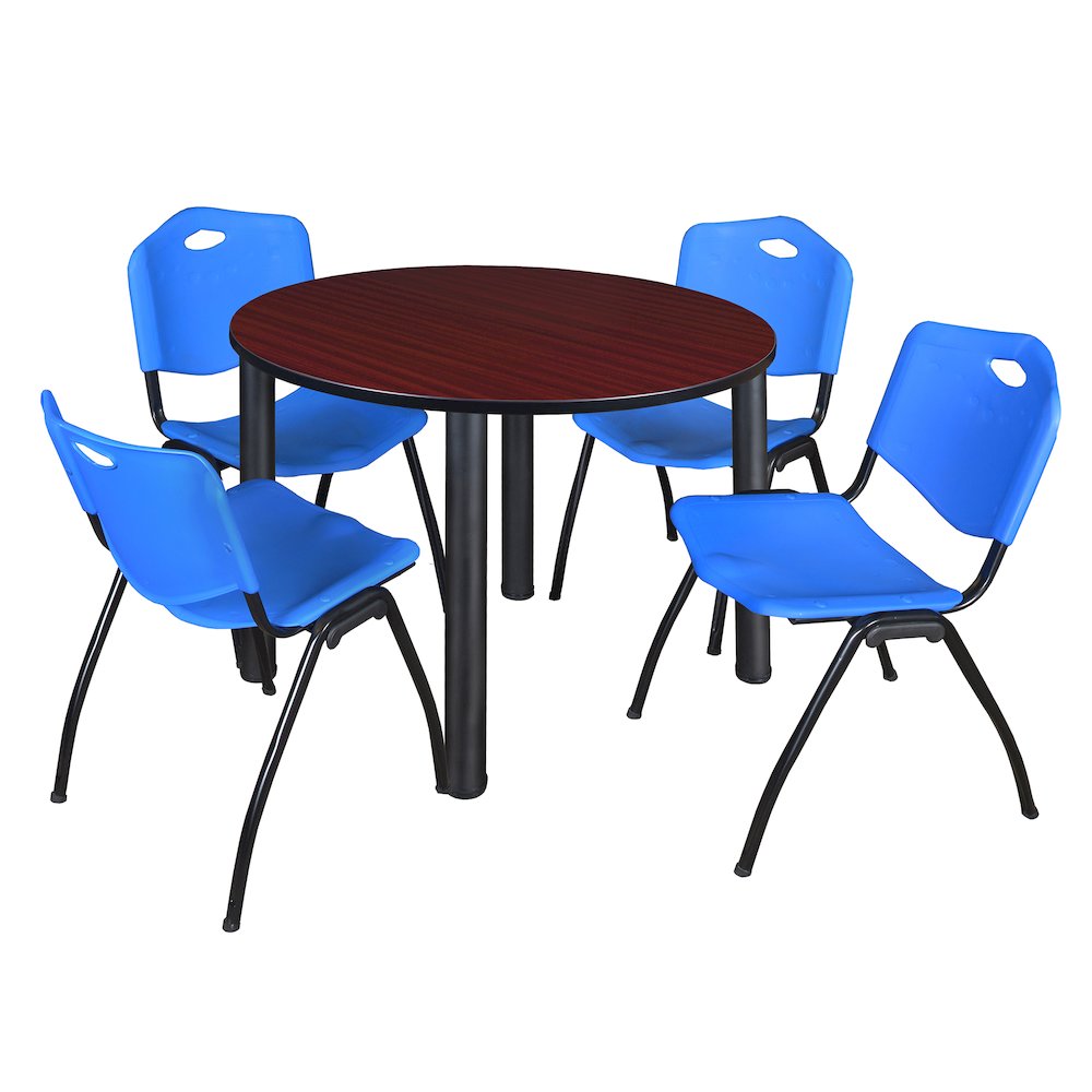48 in Round Breakroom Table- Mahogany Top, Black Legs, 4 M Stack Chairs- Blue