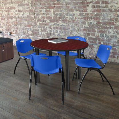 48 in Round Breakroom Table- Mahogany Top, Black Legs, 4 M Stack Chairs- Blue