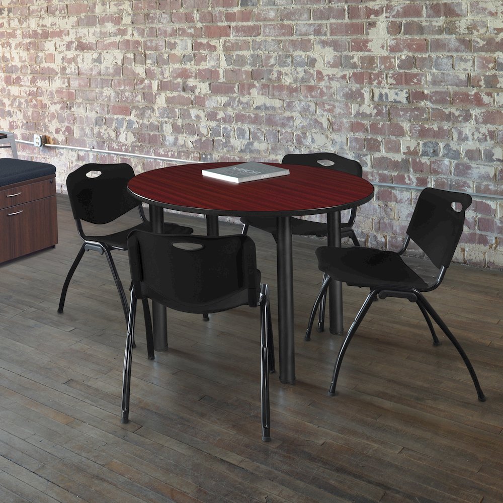 48 in Round Breakroom Table- Mahogany Top, Black Legs, 4 M Stack Chairs- Black