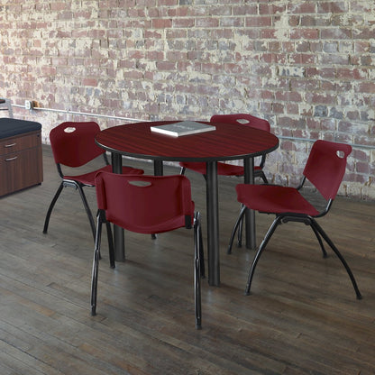 48 Round Breakroom Table- Mahogany Top, Black Legs, 4 M Stack Chairs- Burgundy