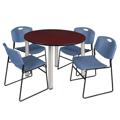 48 Round Breakroom Table- Mahogany Top, Chrome Legs, 4 Zeng Stack Chairs- Blue