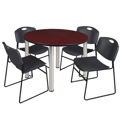 48 Round Breakroom Table- Mahogany Top, Chrome Legs, 4 Zeng Stack Chairs- Black